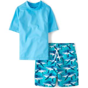 The Children’s Place Boys’ Short Sleeve Rashguard and Swim Trunk, 2-piece Set(Sea Sharks)