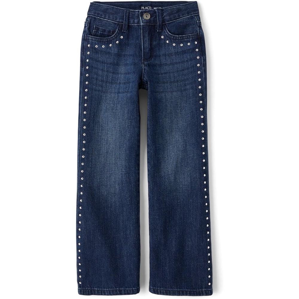 image:imageThe Childrens Place Girls Wide Leg JeansAmble Wash Side Stud