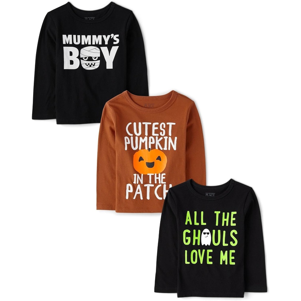 image:imageThe Childrens Place Baby Boys and Toddler DinoAnimalsSharks Long Sleeve Graphic TShirts3 PackMummys BoyCutest PumpkinGhouls Love