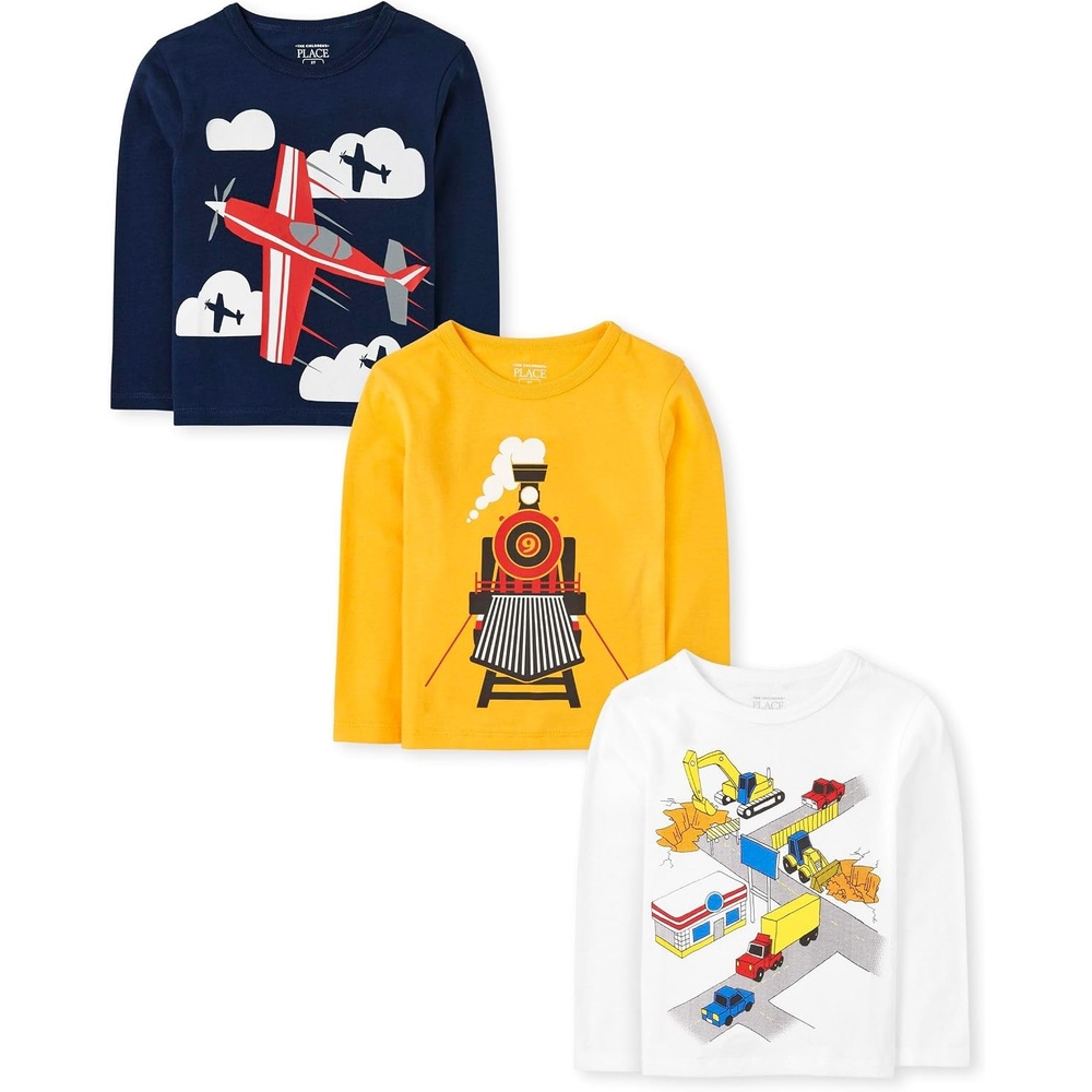 image:imageThe Childrens Place Baby Boys and Toddler DinoAnimalsSharks Long Sleeve Graphic TShirts3 PackTrainStreet VehiclesAirplane