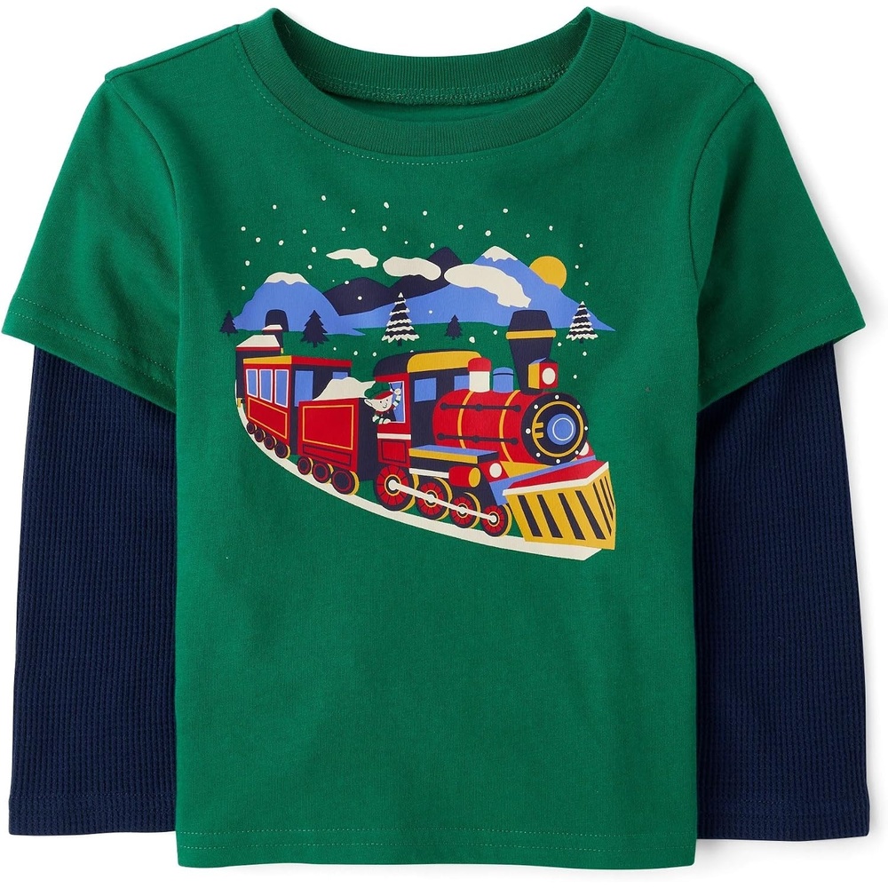 image:imageThe Childrens Place Baby Boys and Toddler Long Sleeve Everday Casual Knit ShirtHoliday Train 2fer
