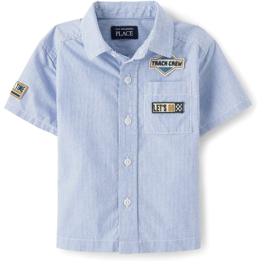 image:imageThe Childrens Place Baby Boys and Toddler Poplin Short Sleeve Button Down ShirtClassic Blue Car