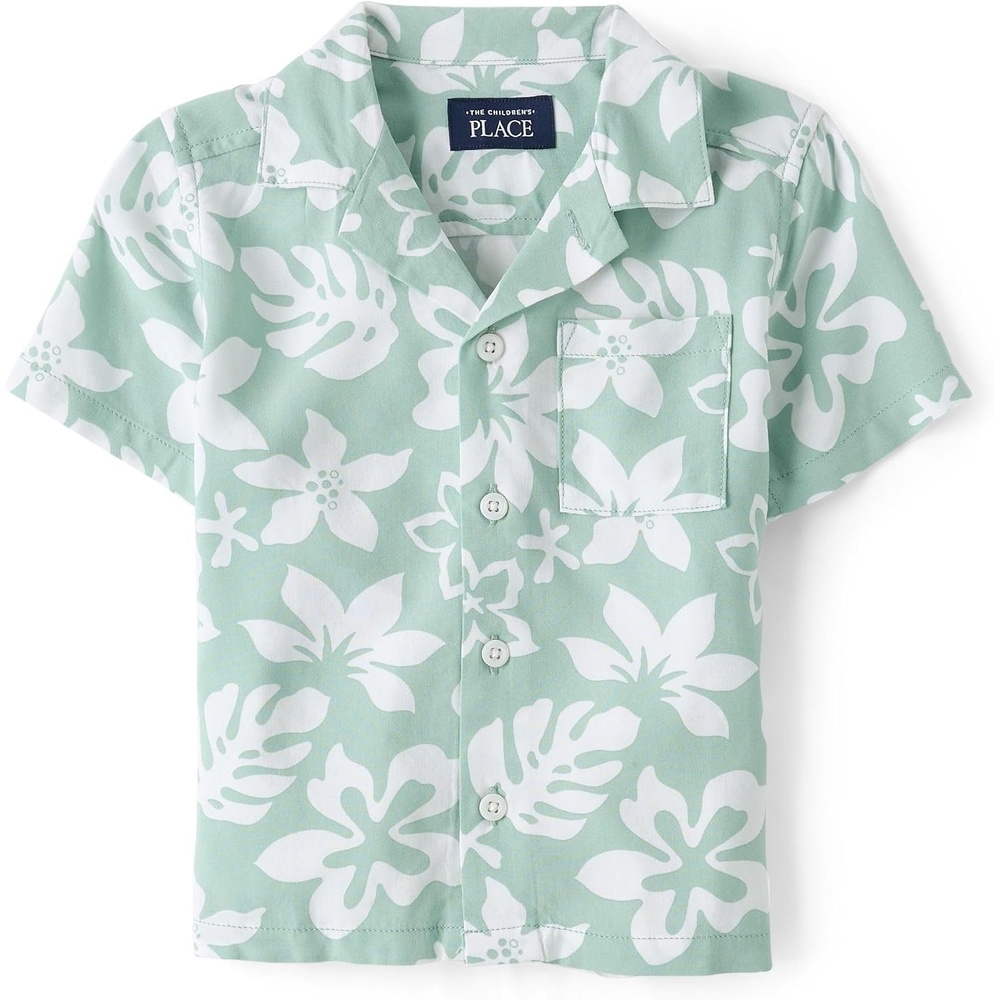 image:imageThe Childrens Place Baby Boys and Toddler Poplin Short Sleeve Button Down ShirtMint Tropical