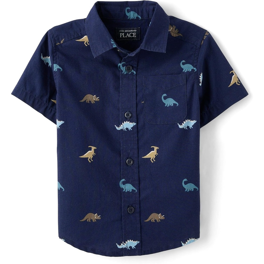 image:imageThe Childrens Place Baby Boys and Toddler Poplin Short Sleeve Button Down ShirtThunder Blue Dinos