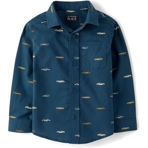 The Children’s Place Baby Boys’ and Toddler Long Sleeve Cotton Poplin Button Down Shirt(Ink Racecar)