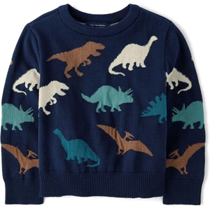 The Children’s Place Baby Boys’ and Toddler Long Sleeve Crew Neck Pullover Sweater(Navy Dino Print)