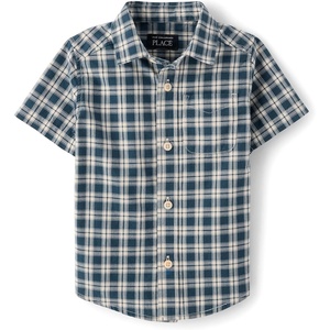 The Children’s Place Baby Boys’ and Toddler Poplin Short Sleeve Button Down Shirt(Ink Plaid)