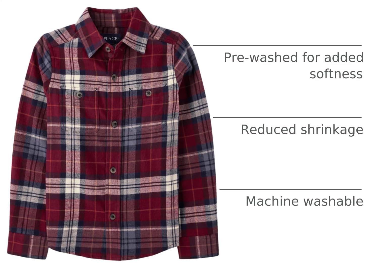 image:imageThe Childrens Place Boys Long Sleeve Plaid Flannel Button Up ShirtRedwood Plaid