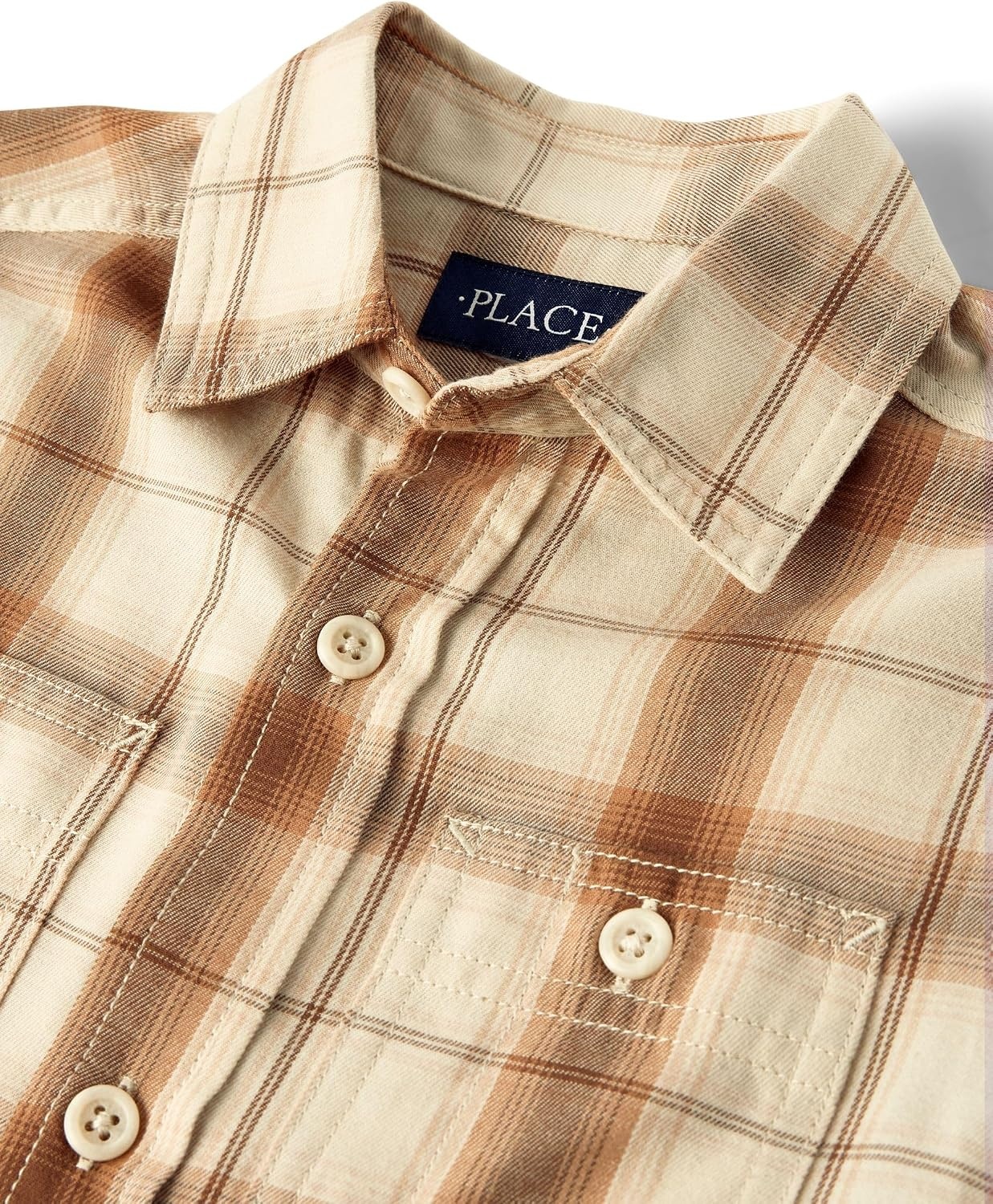 image:imageThe Childrens Place Boys Long Sleeve Plaid Flannel Button Up ShirtTan Plaid