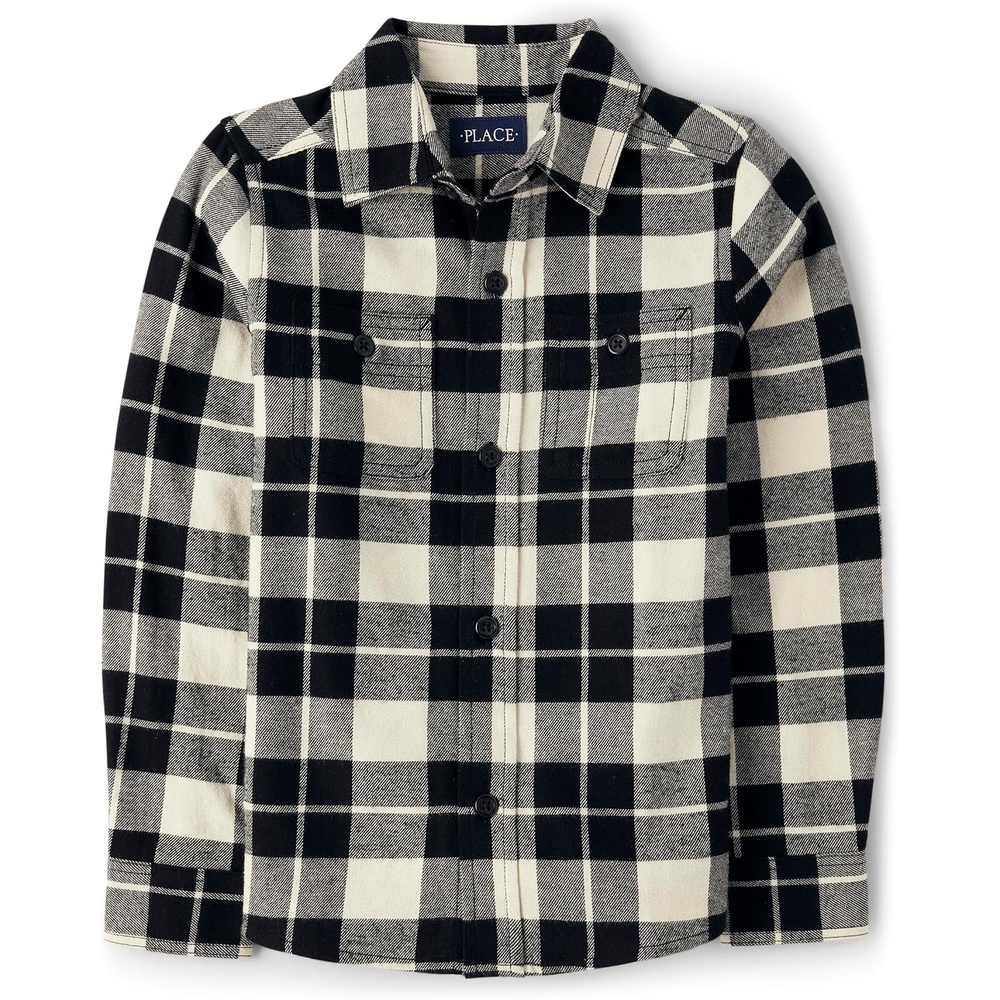 image:imageThe Childrens Place Boys Long Sleeve Plaid Flannel Button Up ShirtBlack