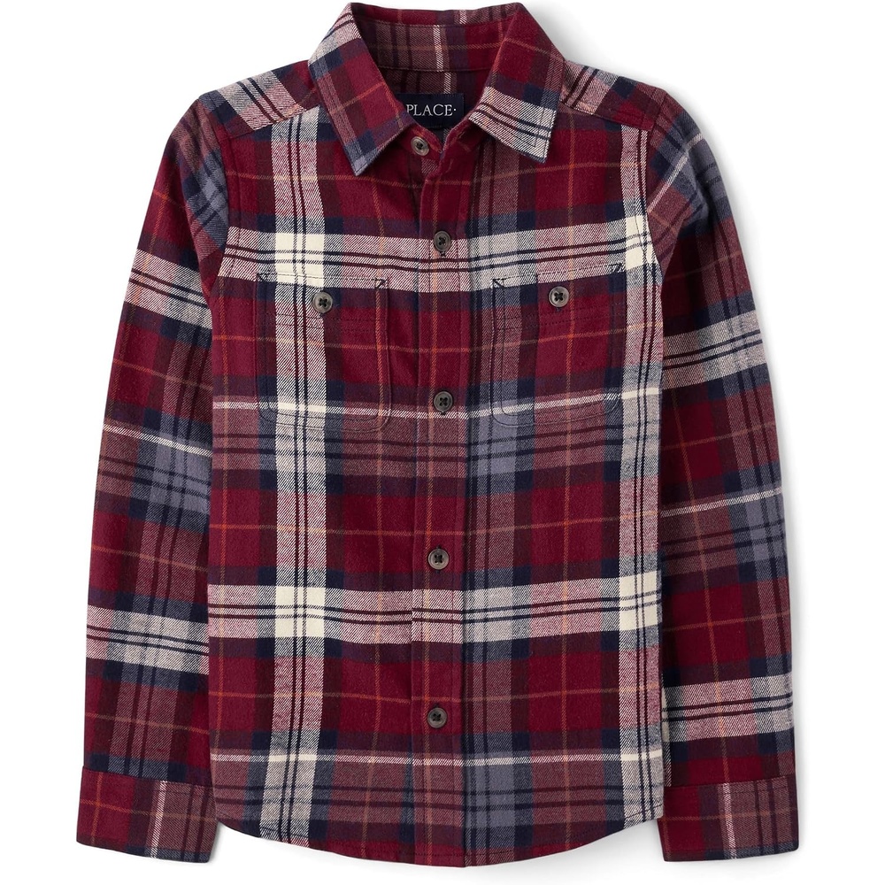 image:imageThe Childrens Place Boys Long Sleeve Plaid Flannel Button Up ShirtRedwood Plaid