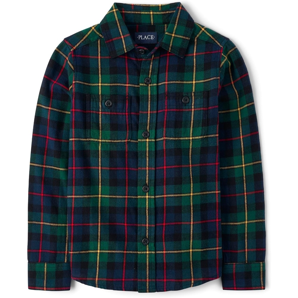 image:imageThe Childrens Place Boys Long Sleeve Plaid Flannel Button Up ShirtSpruce Plaid