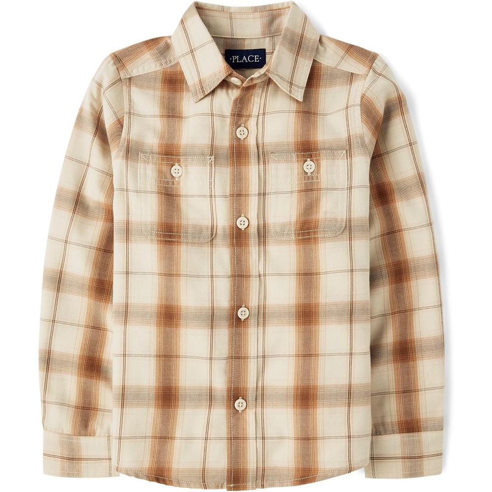 image:imageThe Childrens Place Boys Long Sleeve Plaid Flannel Button Up ShirtTan Plaid