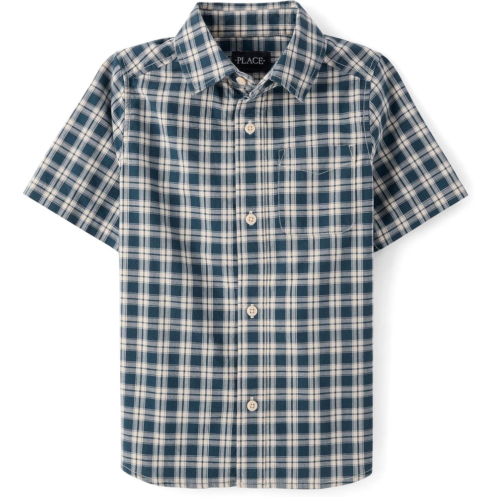 image:imageThe Childrens Place Boys Short Sleeve Poplin Button Down ShirtInk Plaid