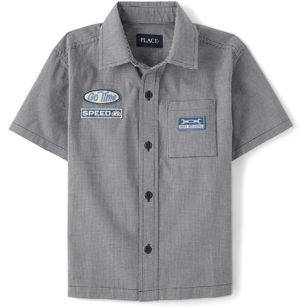 image:imageThe Childrens Place Boys Short Sleeve Poplin Button Down ShirtMotoroil