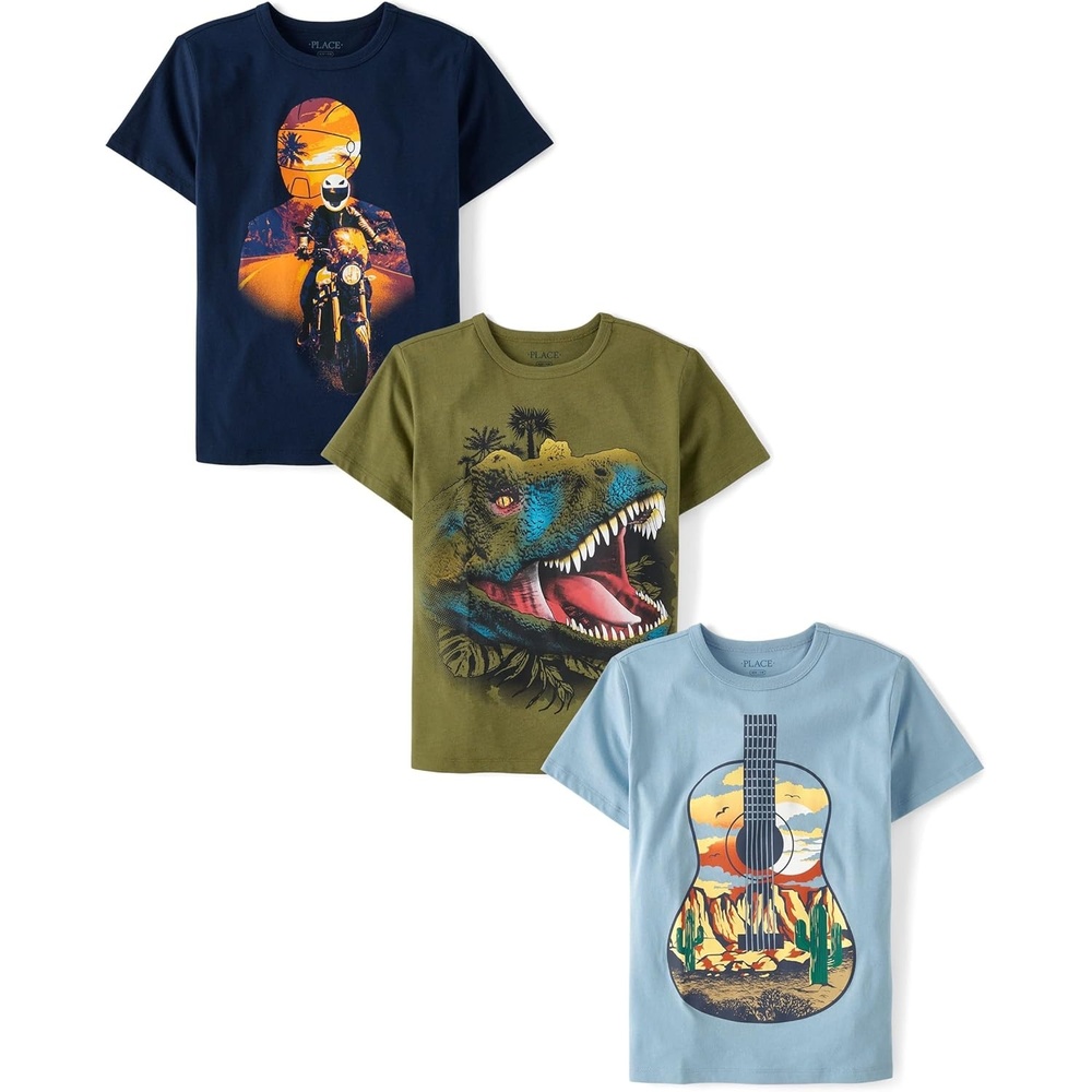 image:imageThe Childrens Place Boys Vehicle Short Sleeve Graphic TShirtsmultipacksBikerDinoGuitar