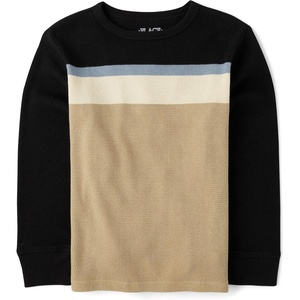 The Children’s Place Boys’ Long Sleeve Everyday Casual Knit Shirt(Black Stripe-waffle)