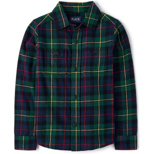 The Children’s Place Boys Long Sleeve Plaid Flannel Button Up Shirt(Spruce Plaid)