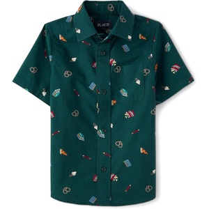 The Children’s Place Boys’ Short Sleeve Poplin Button Down Shirt(Balt Green Food)