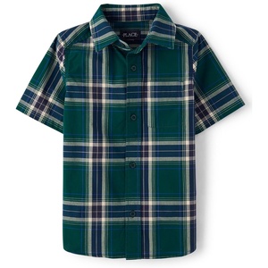 The Children’s Place Boys’ Short Sleeve Poplin Button Down Shirt(Balt Green Plaid)