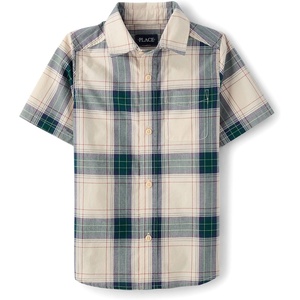 The Children’s Place Boys’ Short Sleeve Poplin Button Down Shirt(Haystack Plaid)