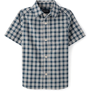 The Children’s Place Boys’ Short Sleeve Poplin Button Down Shirt(Ink Plaid)