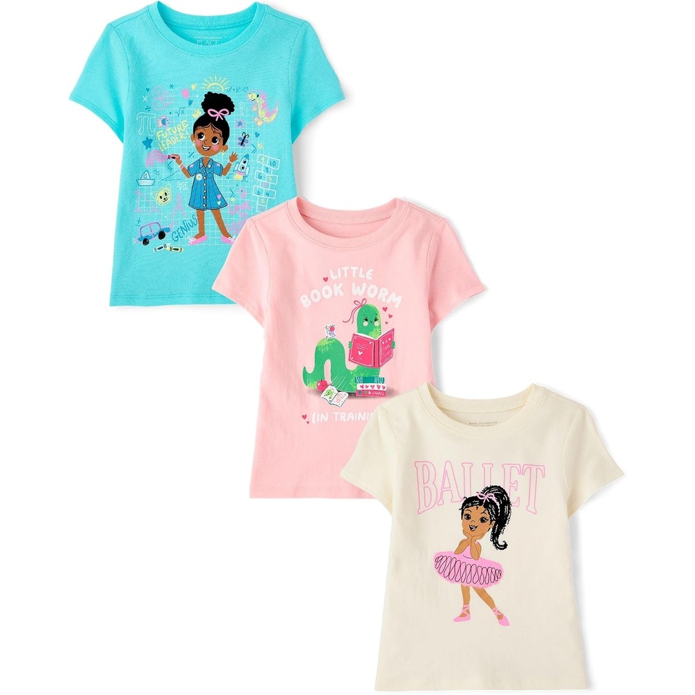 image:imageThe Childrens Place Baby Girls Nd Toddler UnicornsButterfliesTrends Short Sleeve Graphic TShirts3 PackBalletBookwormIcons Girl