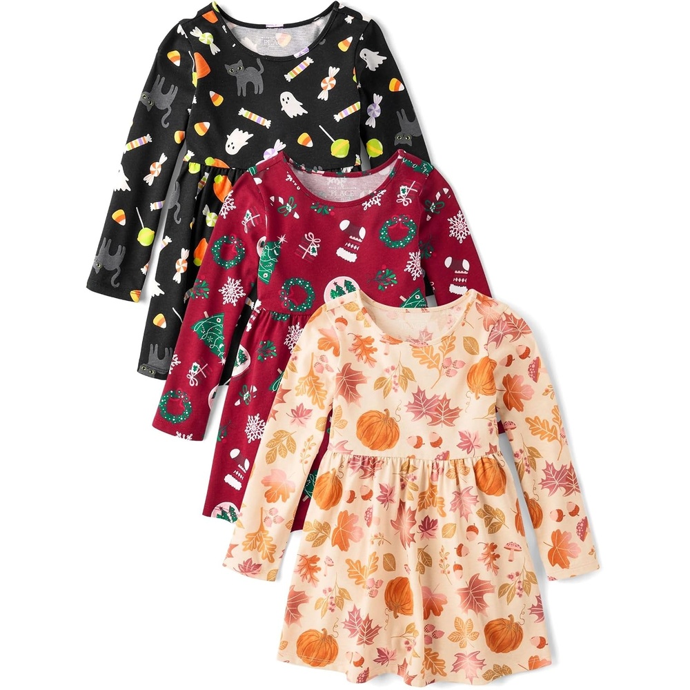 image:imageThe Childrens Place Baby Girls Printed Skater Dress Long SleeveHoliday Prints