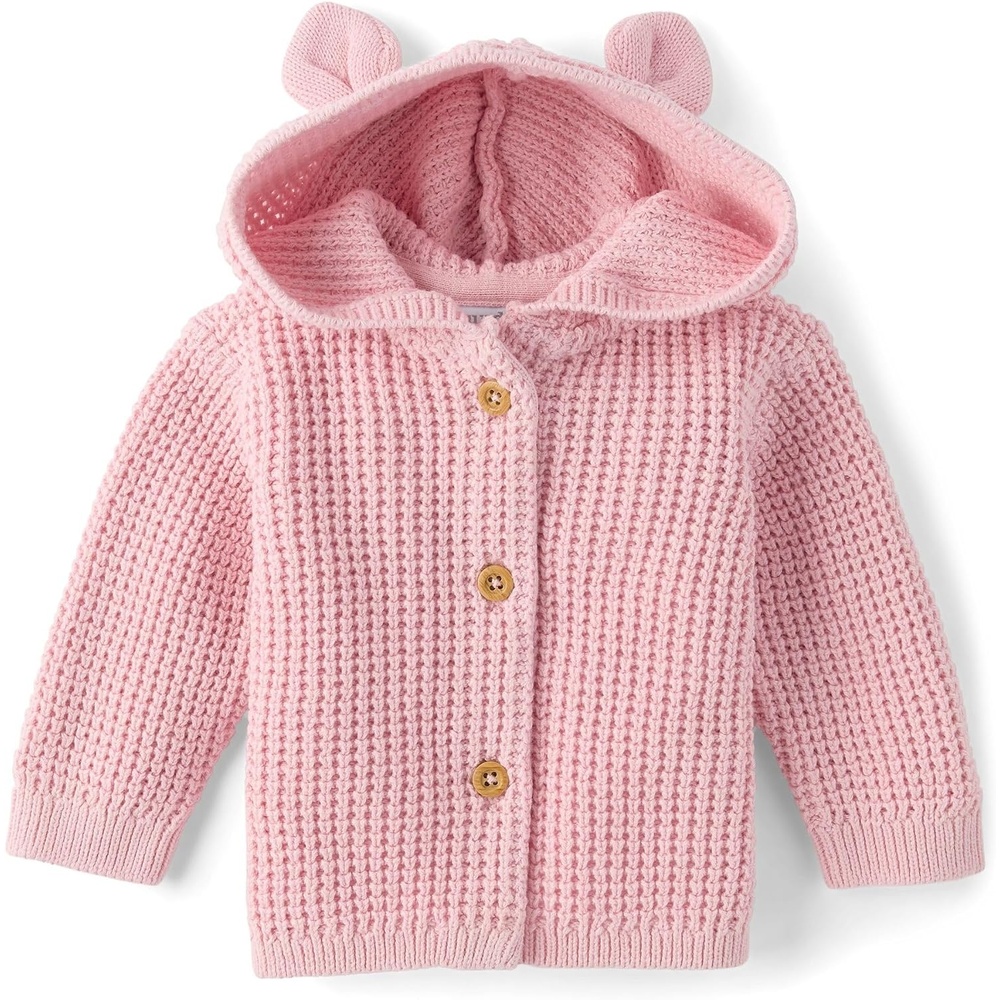 image:imageThe Childrens Place Baby Girls and Newborn Long Sleeve Hooded Button Front SweaterNectar Pink
