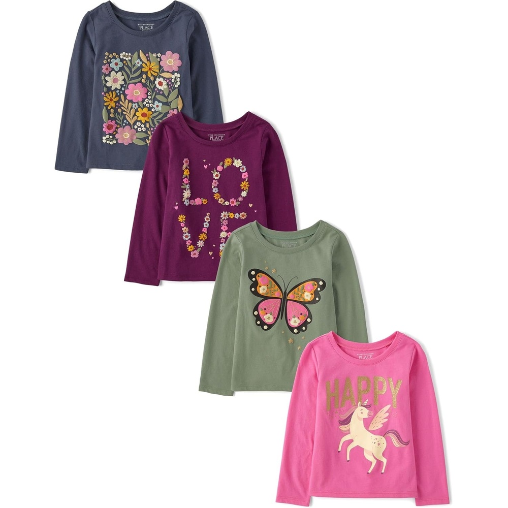 image:imageThe Childrens Place Baby Girls and Toddler UnicornsButterfliesTrends Long Sleeve Graphic TShirts4 PackButterflyFloral LoveHappyFloral
