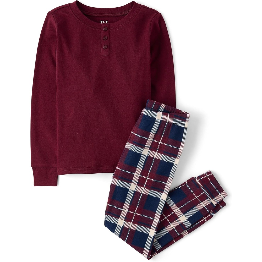 image:imageThe Childrens Place Boys 100 Snug Fit Cotton Long Sleeve Henley Top and Pant2piece Pajama SetsTidal Plaid