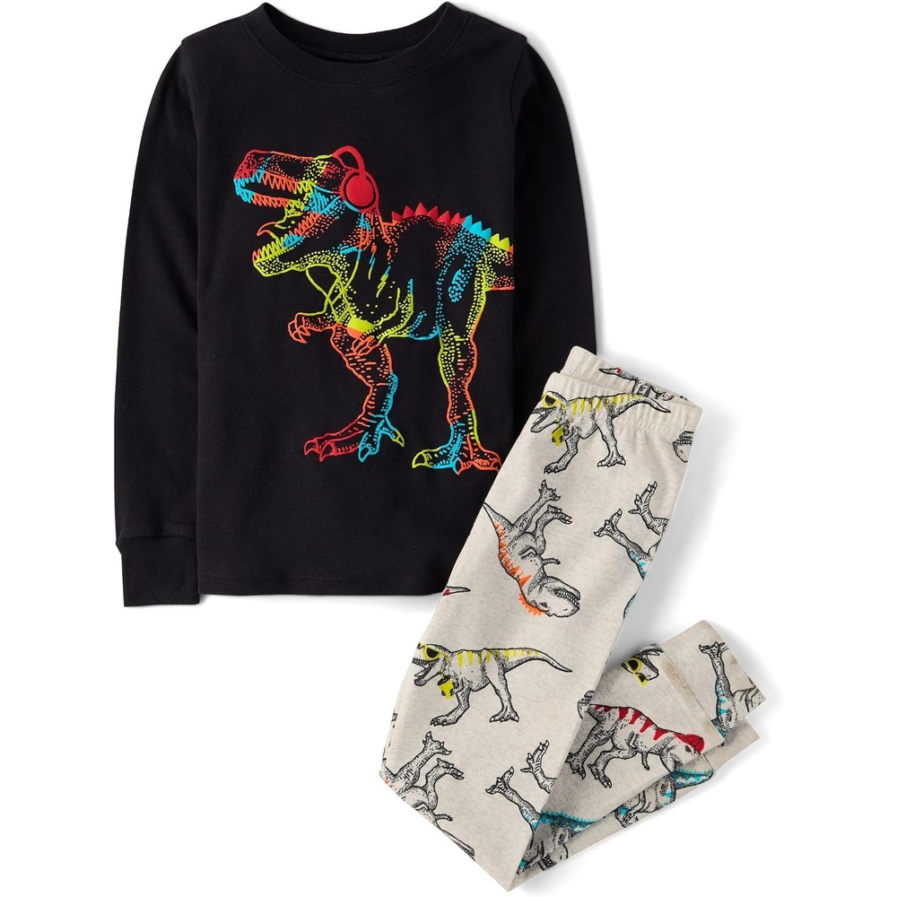 image:imageThe Childrens Place Boys 100 Snug Fit Cotton Long Sleeve Top and Pants2piece Pajama SetsLunar Dino