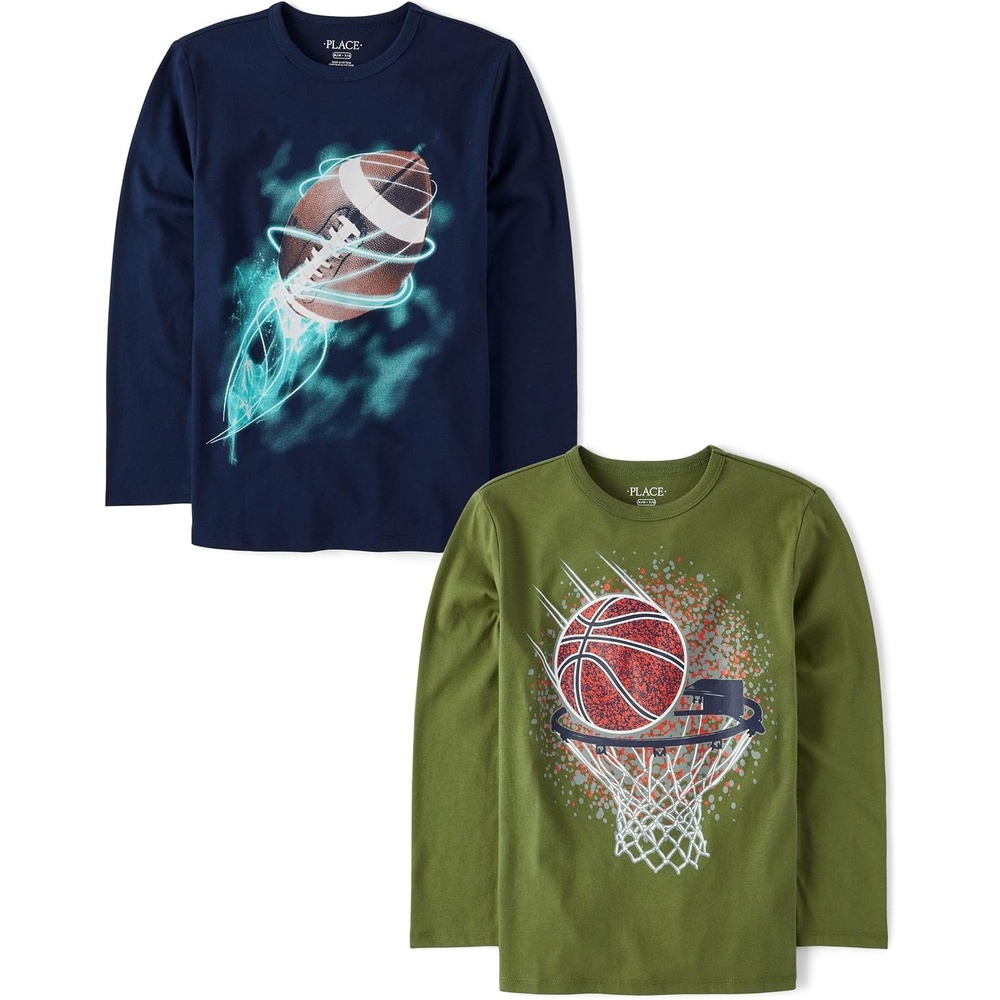 image:imageThe Childrens Place Boys GamerCarsSports Long Sleeve Graphic TShirts2 PackBasketball HoopFootball