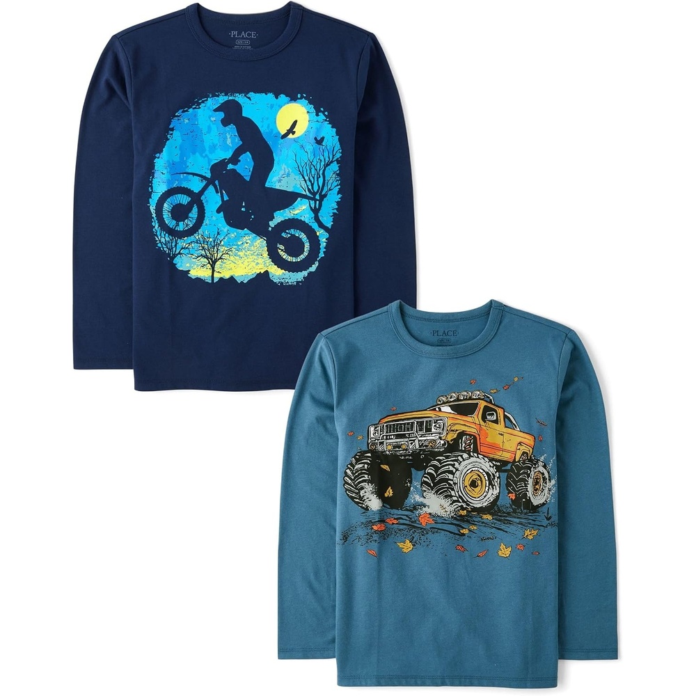 image:imageThe Childrens Place Boys GamerCarsSports Long Sleeve Graphic TShirts2 PackBikerMonster Truck