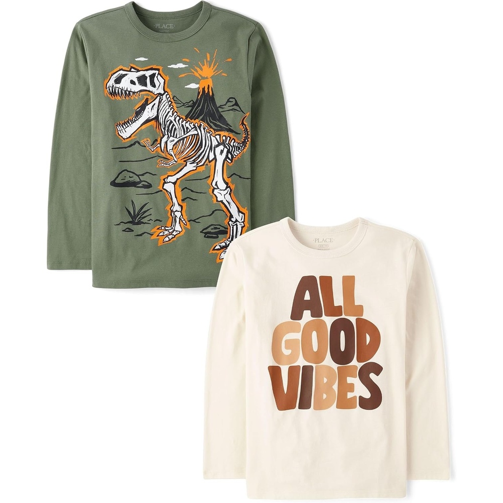 image:imageThe Childrens Place Boys GamerCarsSports Long Sleeve Graphic TShirts2 PackGood VibesDino Bones
