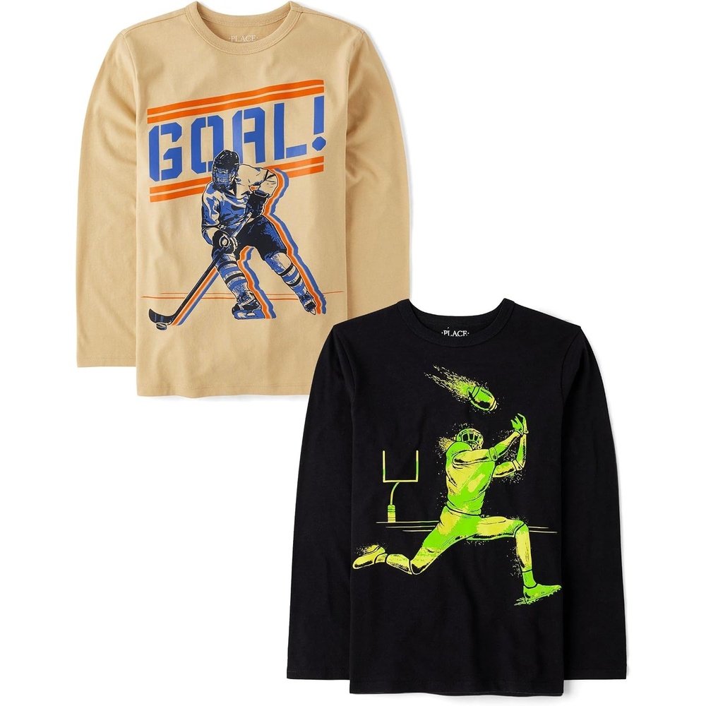 image:imageThe Childrens Place Boys GamerCarsSports Long Sleeve Graphic TShirts2 PackHockey GoalFootball Player