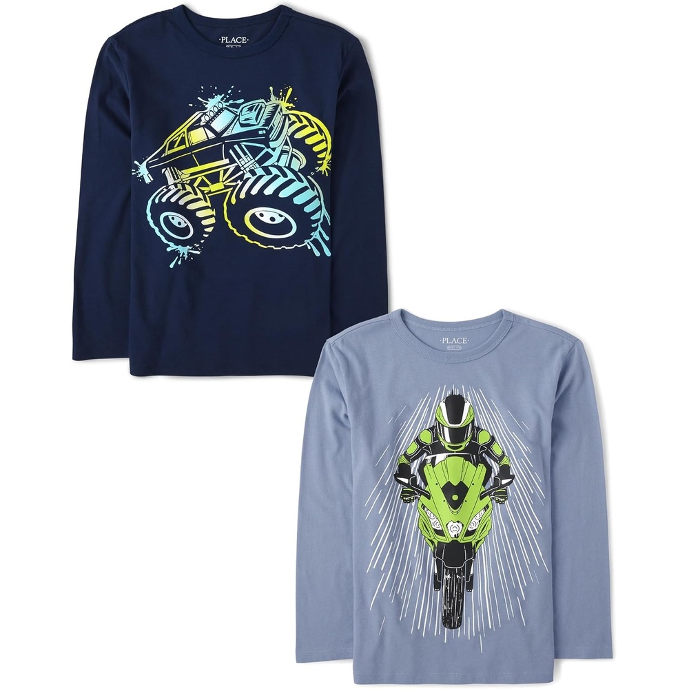 image:imageThe Childrens Place Boys GamerCarsSports Long Sleeve Graphic TShirts2 PackMonster TruckBiker 2pack