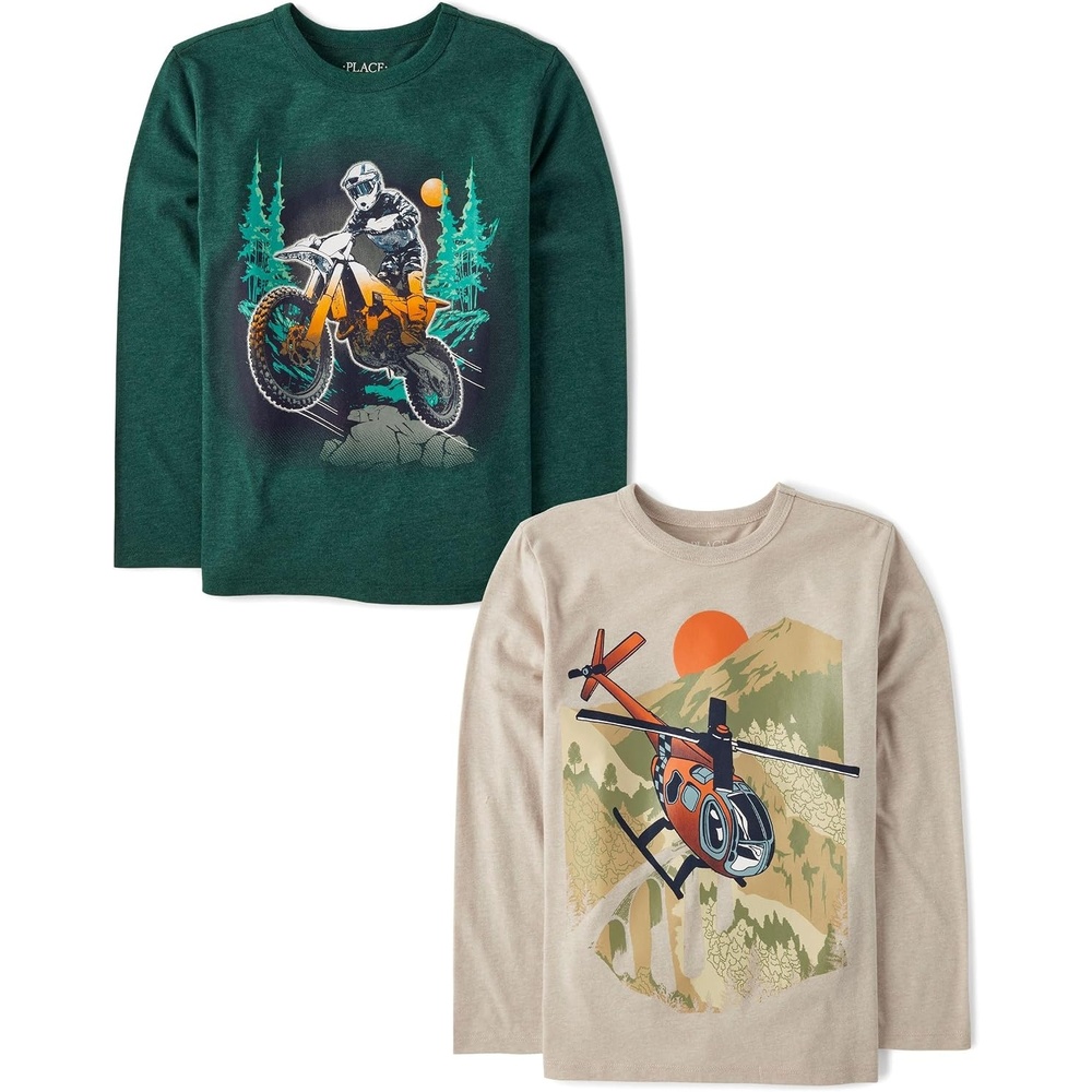 image:imageThe Childrens Place Boys GamerCarsSports Long Sleeve Graphic TShirts2 PackMotorbikeHelicopter