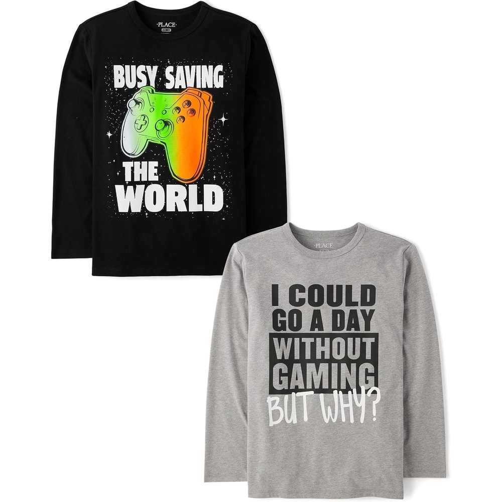 image:imageThe Childrens Place Boys GamerCarsSports Long Sleeve Graphic TShirts2 PackSave WorldWithout Gaming