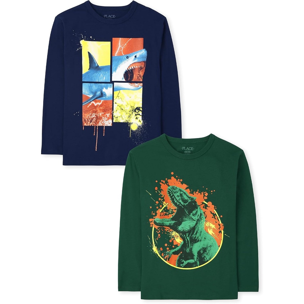 image:imageThe Childrens Place Boys GamerCarsSports Long Sleeve Graphic TShirts2 PackSharkDino 2pack