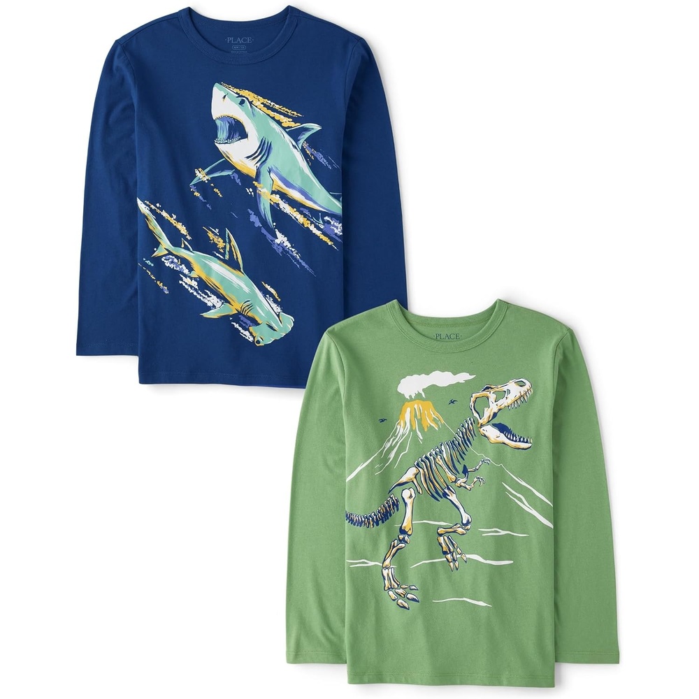 image:imageThe Childrens Place Boys GamerCarsSports Long Sleeve Graphic TShirts2 PackSharksDino Skeleton 2pack
