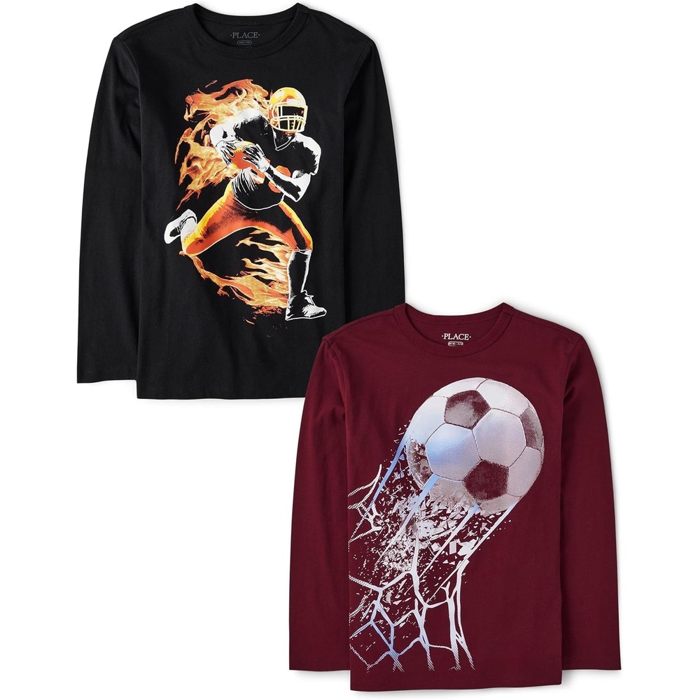 image:imageThe Childrens Place Boys GamerCarsSports Long Sleeve Graphic TShirts2 PackSoccer BallFootball Player Flame