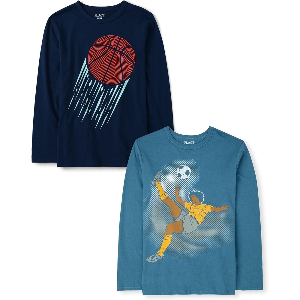 image:imageThe Childrens Place Boys GamerCarsSports Long Sleeve Graphic TShirts2 PackSoccer PlayerBasketball