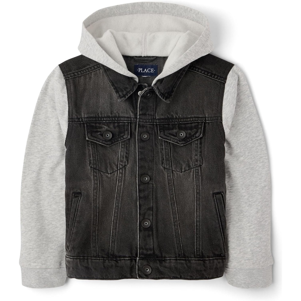 image:imageThe Childrens Place Boys Long Sleeve Fleece and Denim Hooded JacketWashed Black