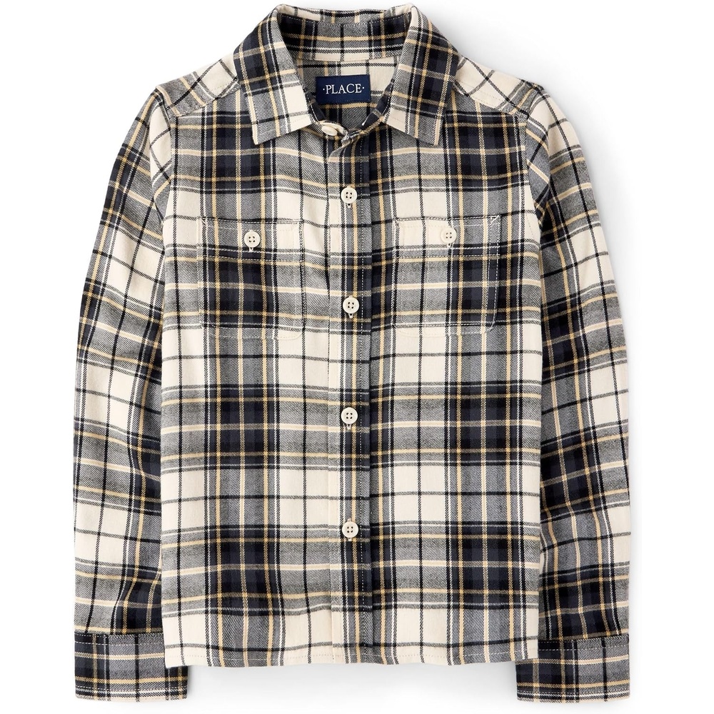 image:imageThe Childrens Place Boys Long Sleeve Plaid Flannel Button Up ShirtBlackWhite