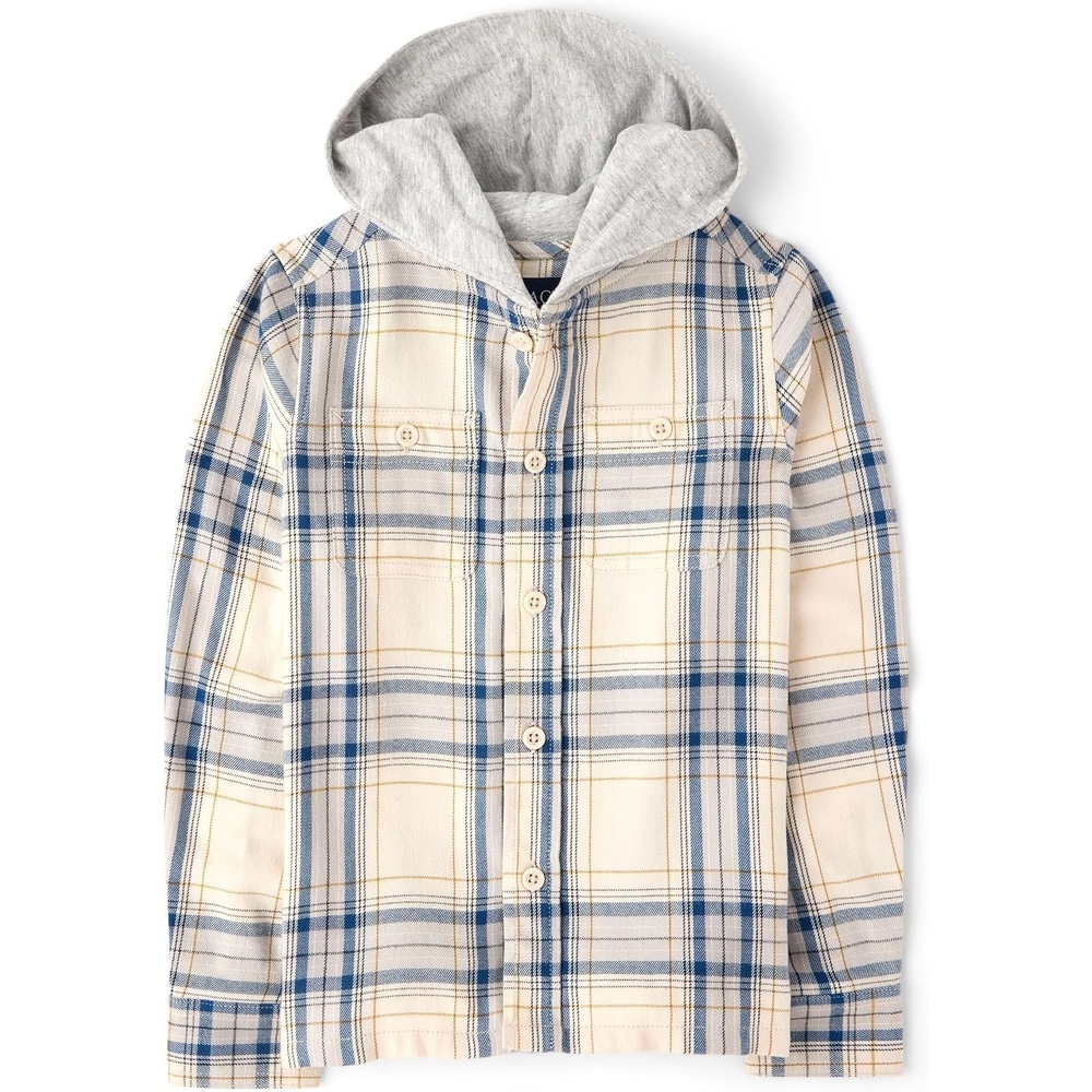 image:imageThe Childrens Place Boys Long Sleeve Plaid Flannel Hooded Button Up ShirtHay Stack Plaid