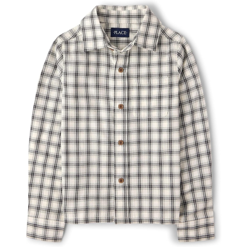 image:imageThe Childrens Place Boys Long Sleeve Plaid Textured Poplin Button Up ShirtHay Stack Plaid