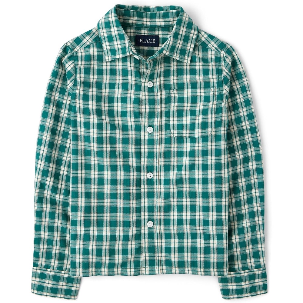 image:imageThe Childrens Place Boys Long Sleeve Plaid Textured Poplin Button Up ShirtJaded Teal Plaid