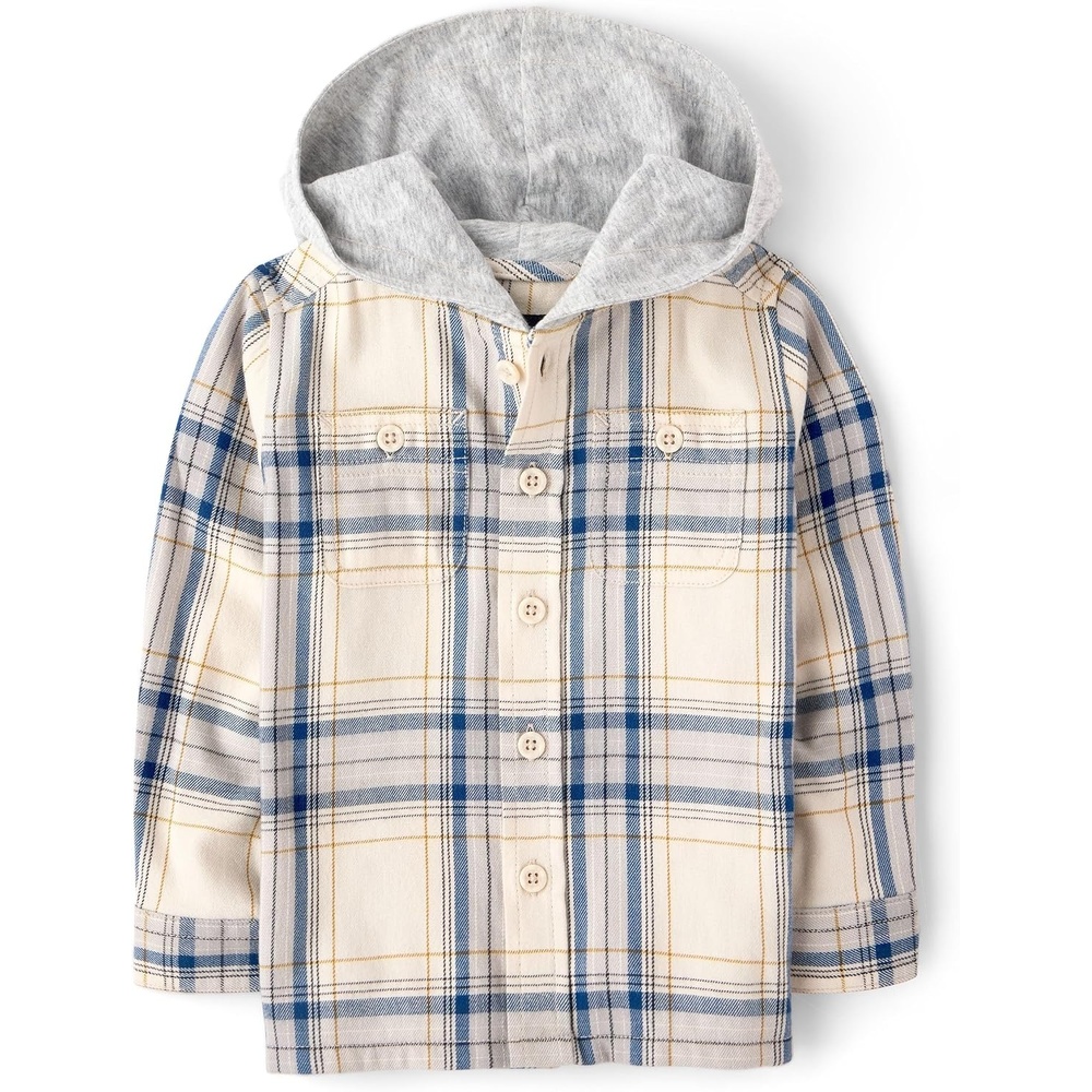 image:imageThe Childrens Place Boys and Toddler Boys Long Sleeve Plaid Flannel Hooded Button Up ShirtMisty Gray Plaid