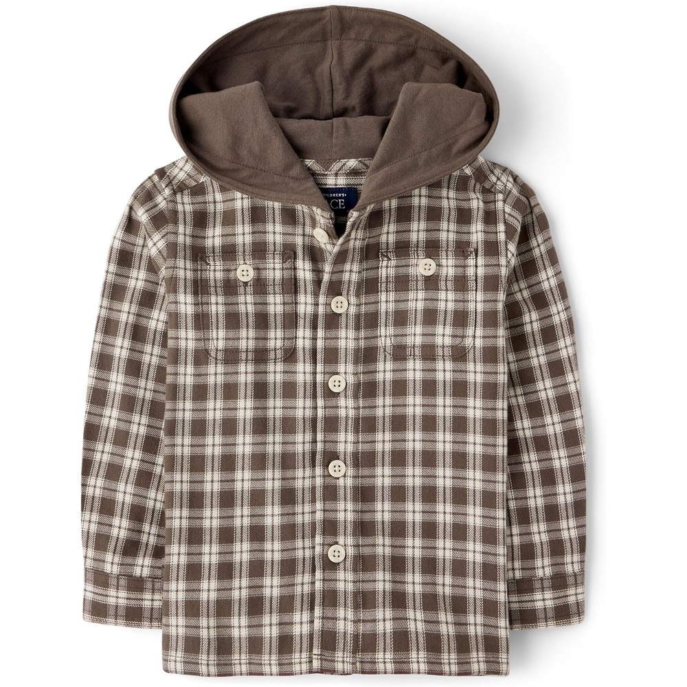 image:imageThe Childrens Place Boys and Toddler Boys Long Sleeve Plaid Flannel Hooded Button Up ShirtMoose Trail Plaid